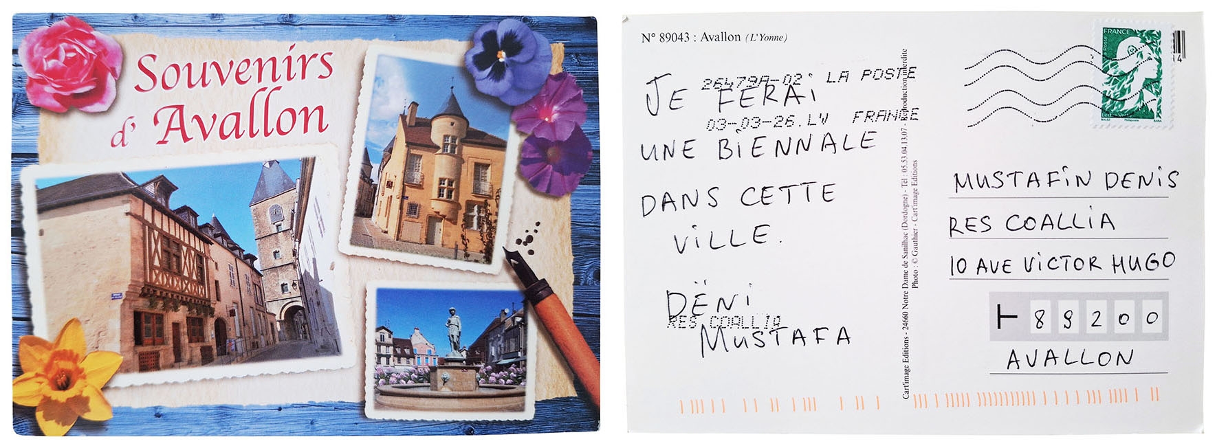 Avallon postcard by Dёni Mustafa with handwritten text about a future Biennale, 2026
