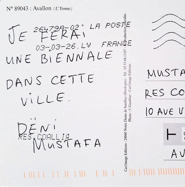 Avallon postcard by Dёni Mustafa with handwritten text about a future Biennale, 2026