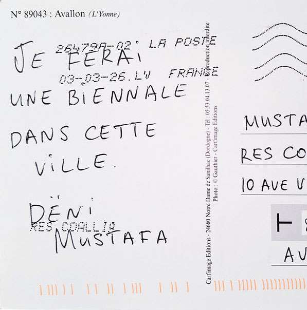 Avallon postcard by Dёni Mustafa with handwritten text about a future Biennale, 2026