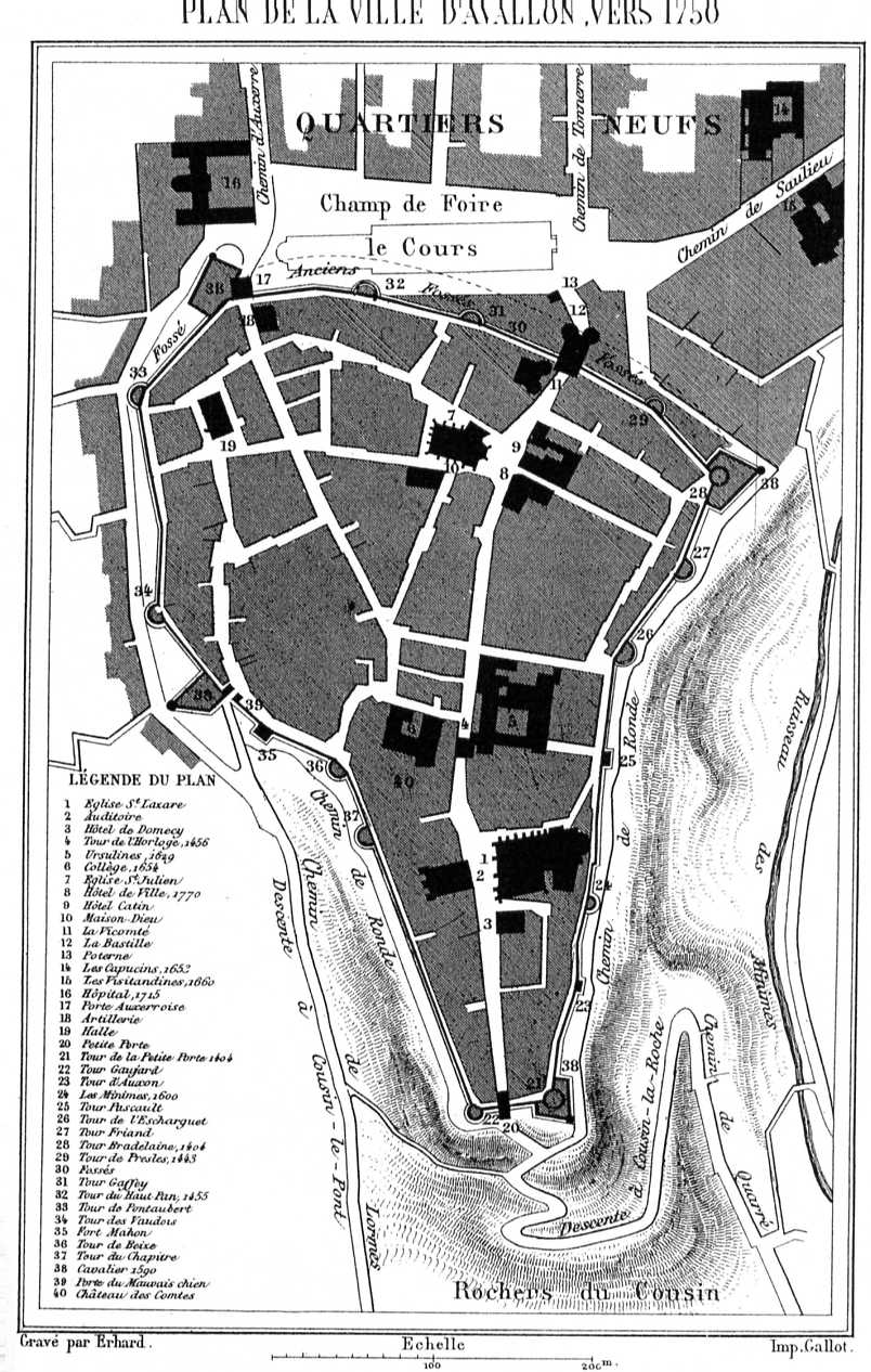Black-and-white historical map of Avallon circa 1750, showing the fortified medieval town surrounded by the Cousin river. Used in the context of ‘The First Biennale in Avallon’ as a fictional archival trace blending historical cartography and contemporary artistic narrative.