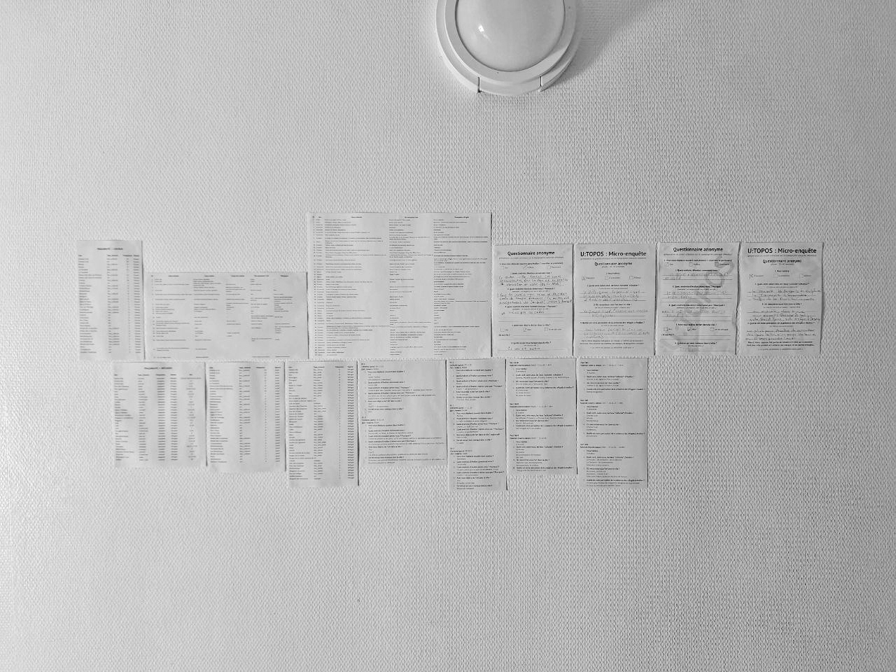 Documents, questionnaires et notes liés au développement de U:TOPOS installés sur un mur intérieur comme structure de travail en cours.