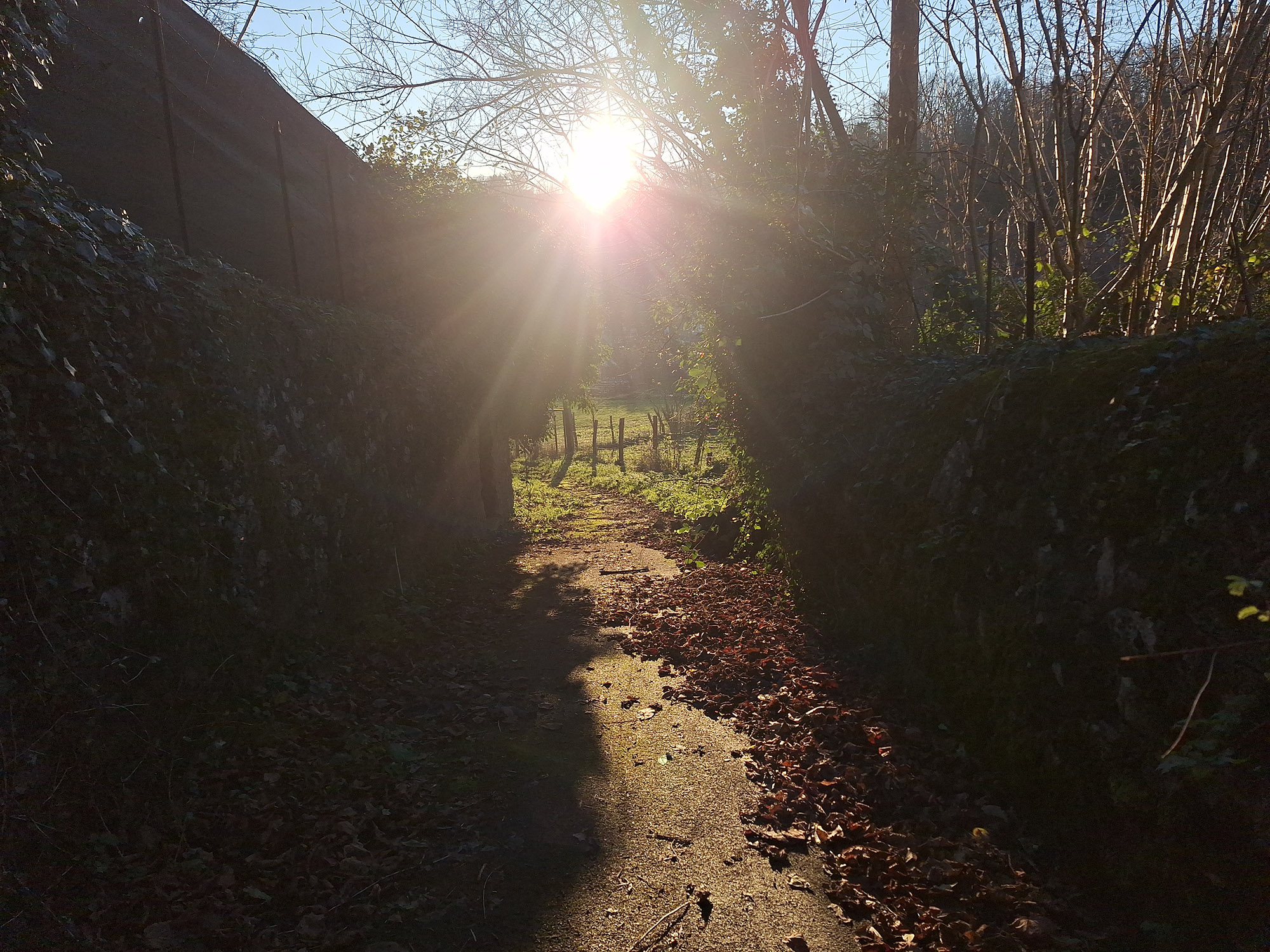 A narrow passage between stone walls filled with low sunlight, Avallon.