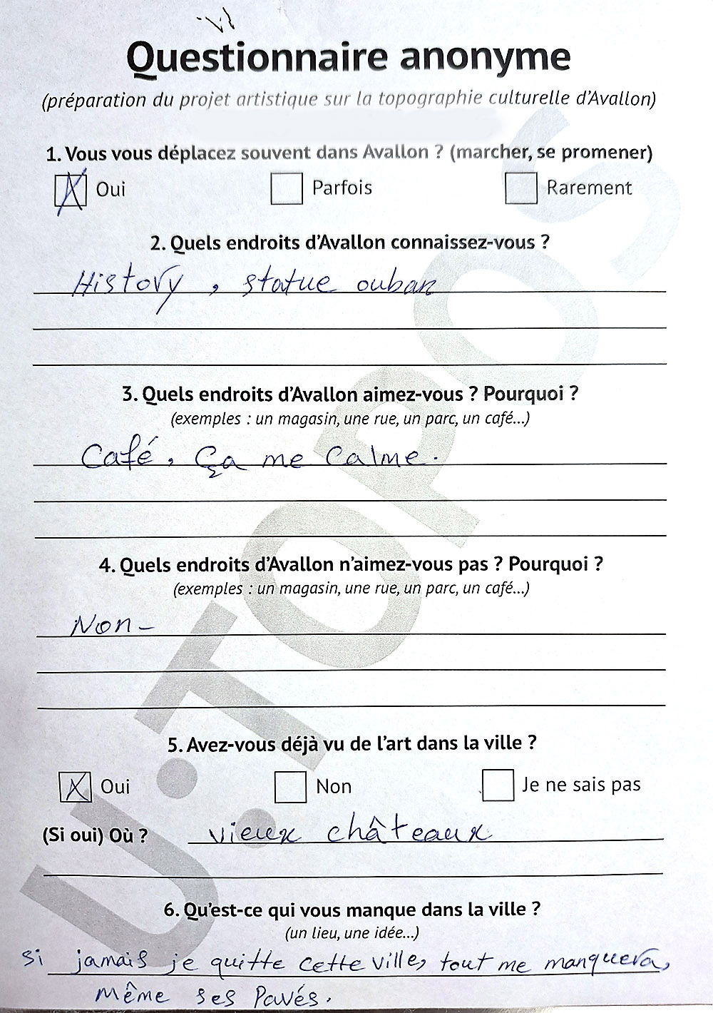 Anonymous handwritten survey from the U:TOPOS research phase describing cafés, old castles and the phrase “If I leave this city, I will miss everything, even its cobblestones.”