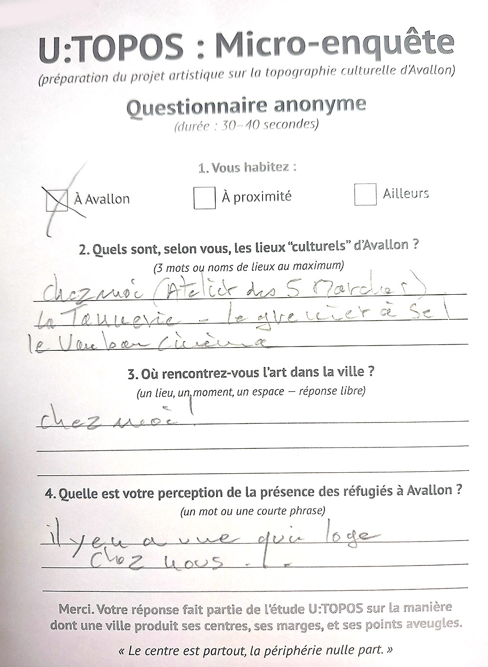 U:TOPOS micro-survey collected in an artist’s studio in Avallon, describing art as something encountered “at home” and mentioning a refugee living with the respondent.
