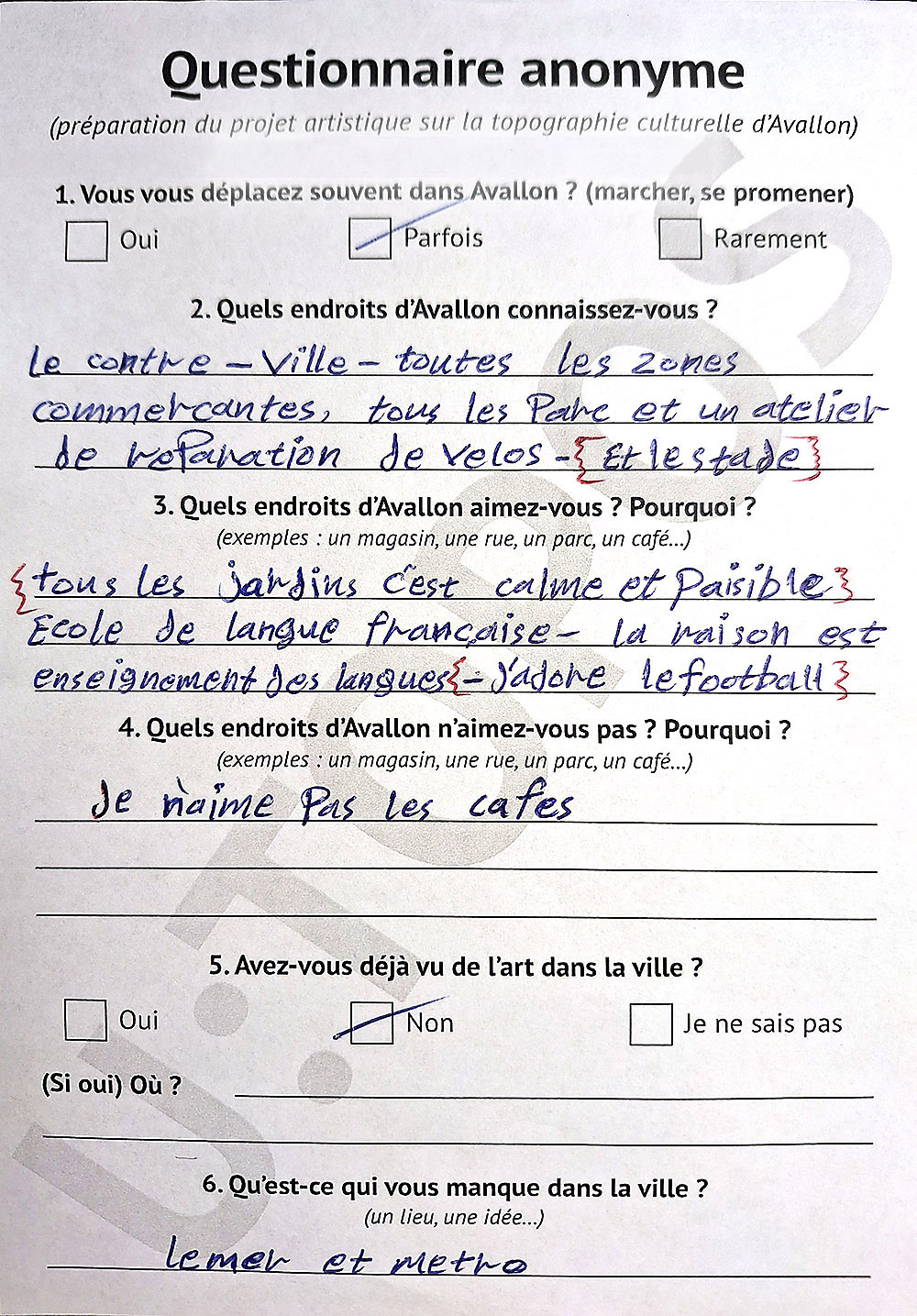Handwritten U:TOPOS survey form completed by a refugee participant in Avallon, mentioning parks, football, cafés, language school and “the sea and metro” as missing elements.