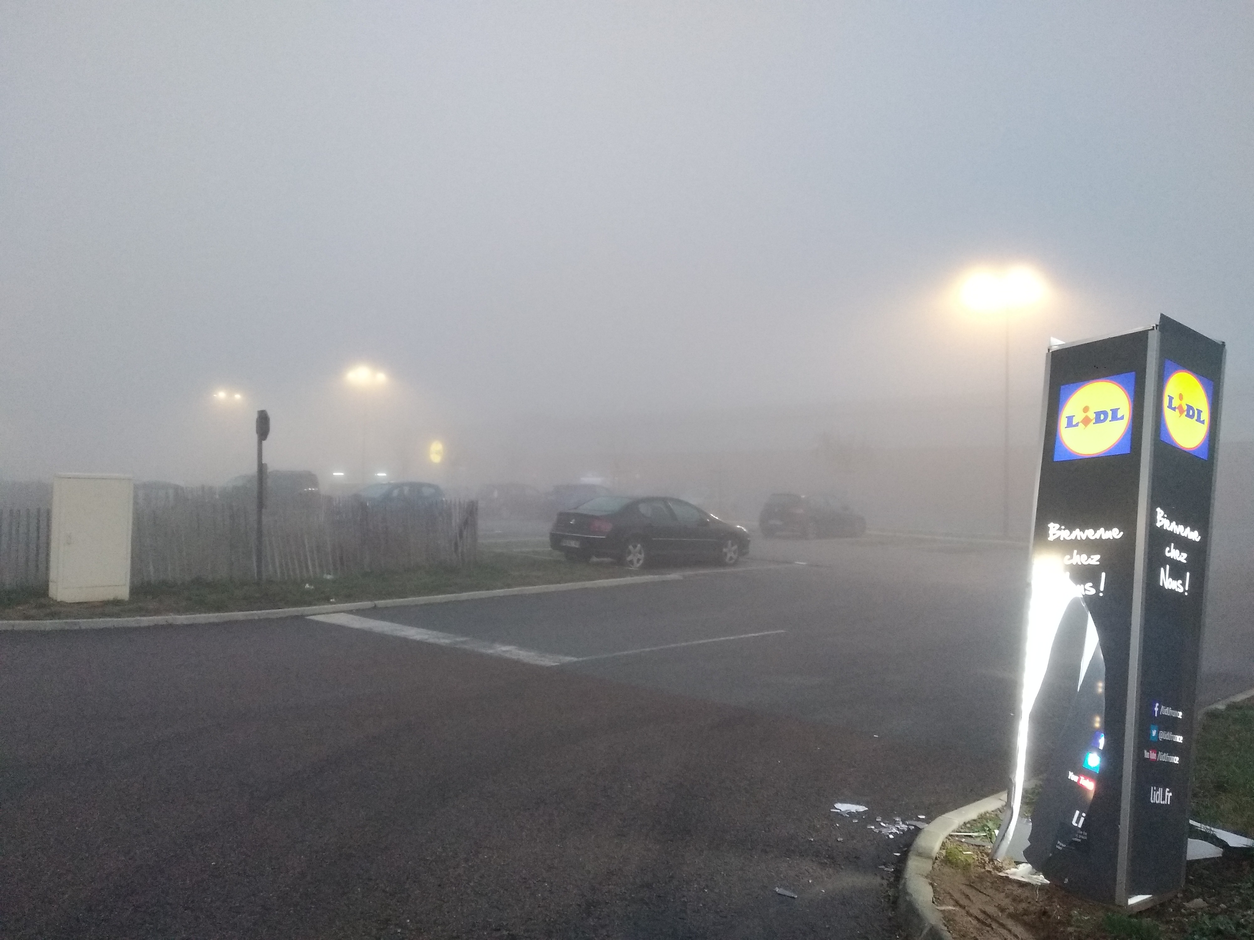 Fog-covered supermarket parking area at night with scattered lights, barely visible cars, and an illuminated Lidl sign emerging through dense mist.