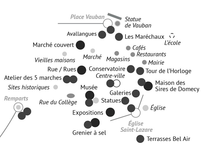 Abstract grayscale fragment of a speculative city map showing clustered points, overlapping urban labels, and shifting spatial relations inside the U:TOPOS navigation system.