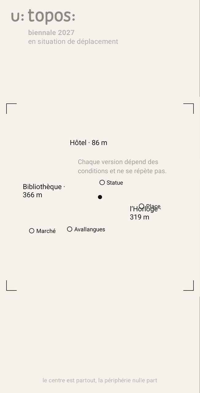 Minimalist screen from the U:TOPOS mobile application displaying nearby locations, distances, floating textual fragments, and a central navigation point inside an empty spatial interface.